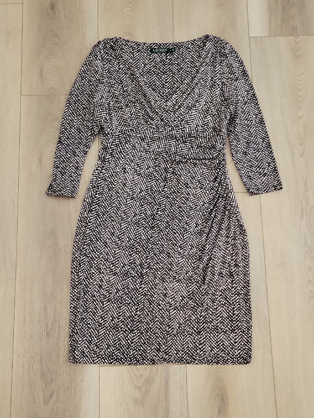 Lauren Ralph Lauren Black and White Long-Sleeve Faux-Wrap Dress